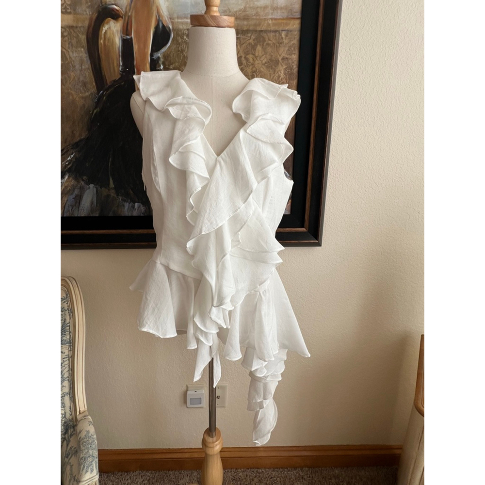 New INA White Ruffle Blouse L Asymmetrical Hem